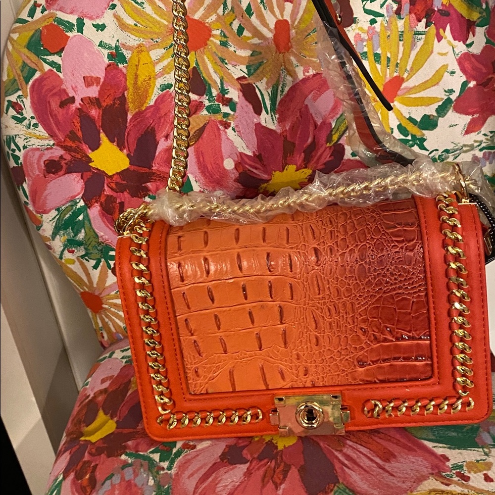 Orange Croc-Embossed Chain Shoulder Bag